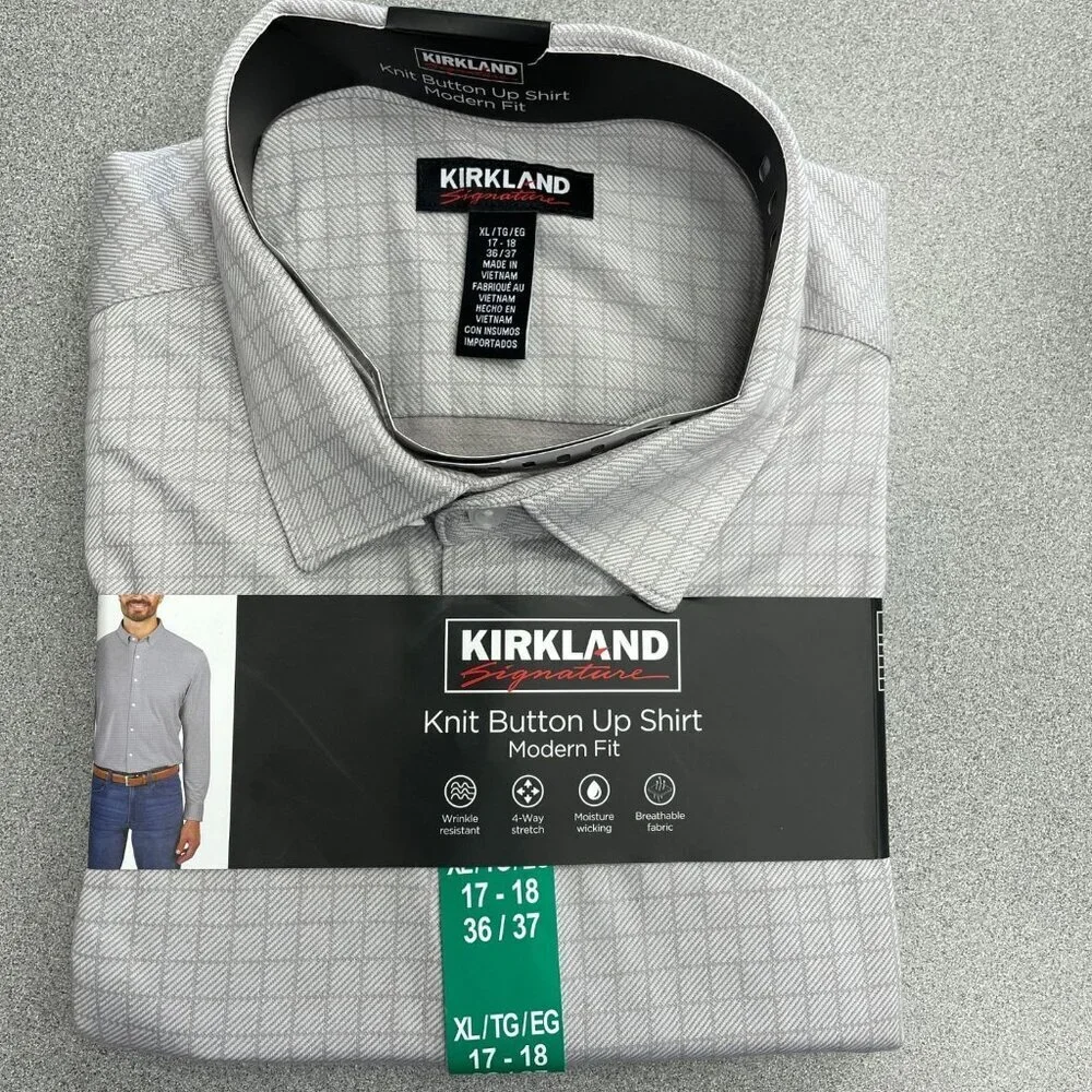 Kirkland Signature Men's XL 17-18 Knit Button-Up Shirt Modern Fit Gray G1892